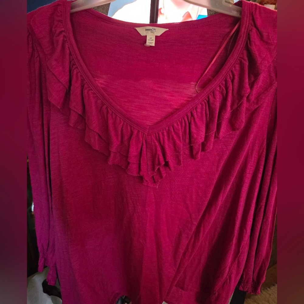 Beautiful, Lightweight, LS Fuchsia Ruffled Tee/New/Sz 0X, 2X, 3X Available